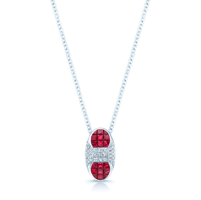 Ruby And Diamond Capsule Pendant In 18k White Gold (16-in Cable Chain)