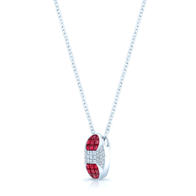Ruby And Diamond Capsule Pendant In 18k White Gold (16-in Cable Chain)