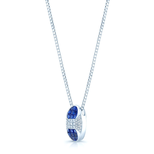 Sapphire And Diamond Capsule Pendant In 18k White Gold (17-in Box Chain)