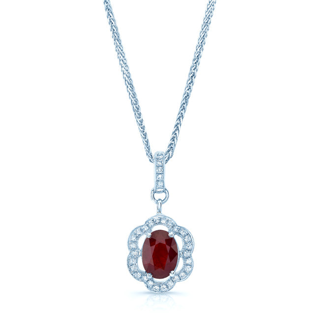 Ruby And Diamond Oval Scalloped Frame Pendant In 18k White Gold (18-in Foxtail Chain)