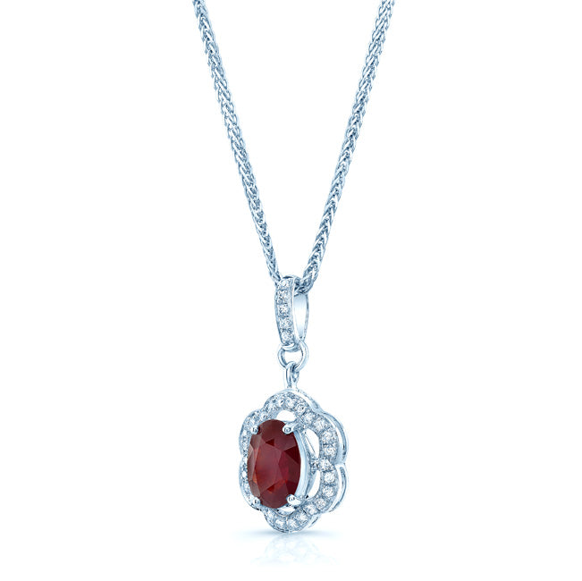 Ruby And Diamond Oval Scalloped Frame Pendant In 18k White Gold (18-in Foxtail Chain)