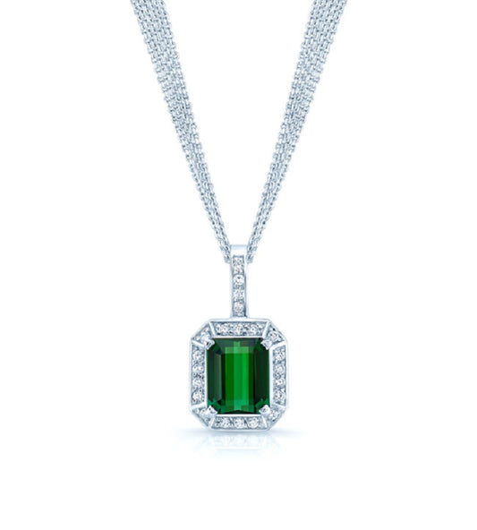 Green Tourmaline And Diamond Pendant In 18k White Gold (12x10mm)