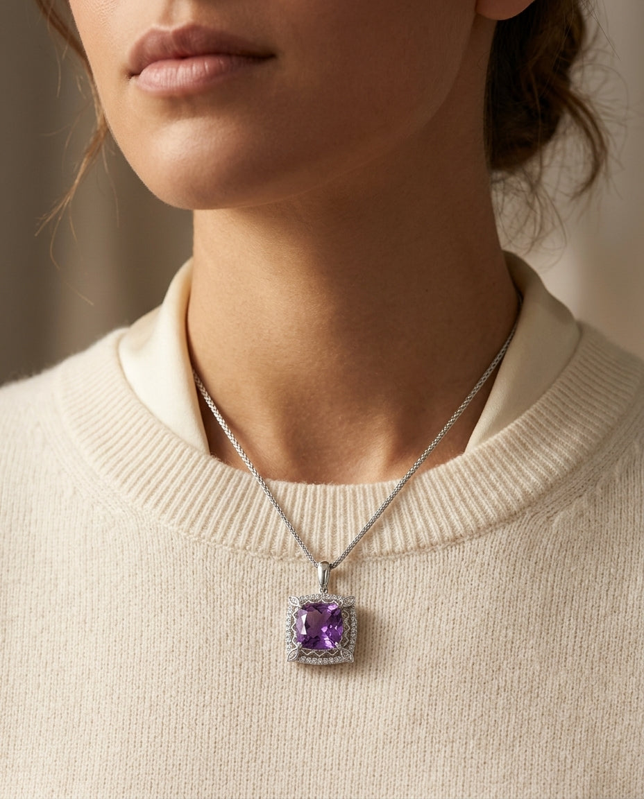 Amethyst Cushion And Diamond Pendant In 18k White Gold (10mm) — editorial close-up