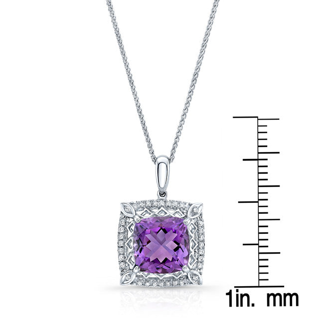 Amethyst Cushion And Diamond Pendant In 18k White Gold (10mm)