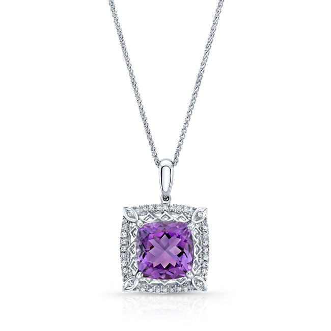 Amethyst Cushion And Diamond Pendant In 18k White Gold (10mm)