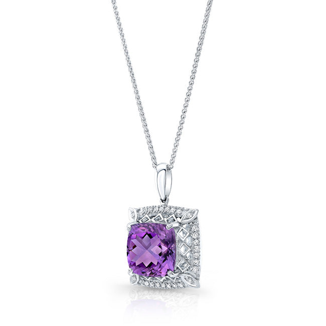 Amethyst Cushion And Diamond Pendant In 18k White Gold (10mm)