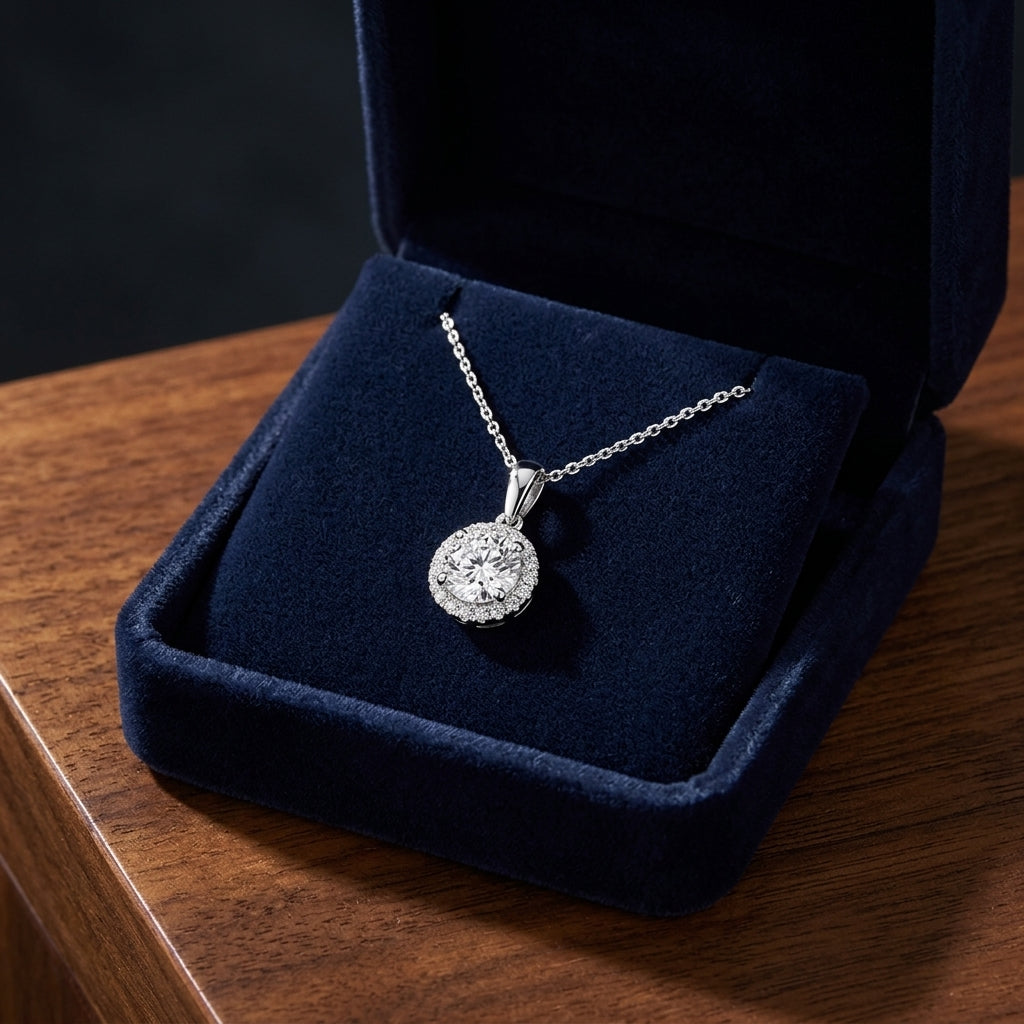 Diamond Round Halo Pendant With Tapered High-polish Bail In 18k White Gold, Gia-certified, 16-inch Chain — gift presentation