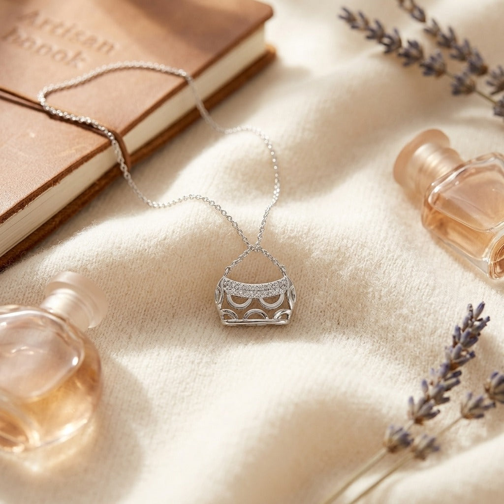 Diamond Handbag Pendant in 18k White Gold — textile flat lay