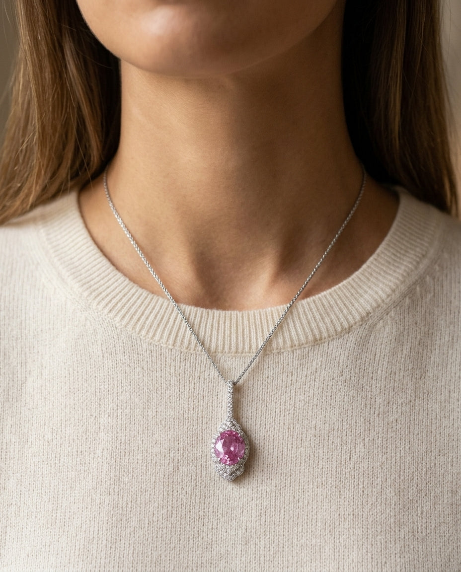 Pink Sapphire And Diamond Drop Oval Pendant In 18k White Gold — editorial close-up