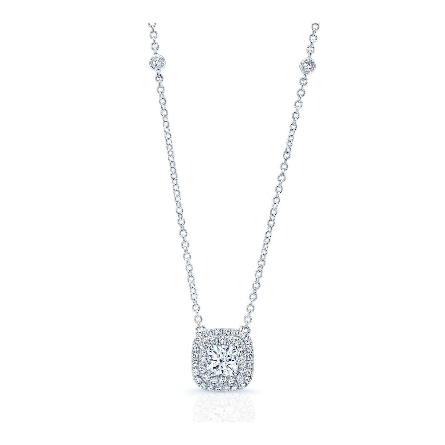 Diamond Double Entourage Cushion Cut Pendant In 18k White Gold (h&a)