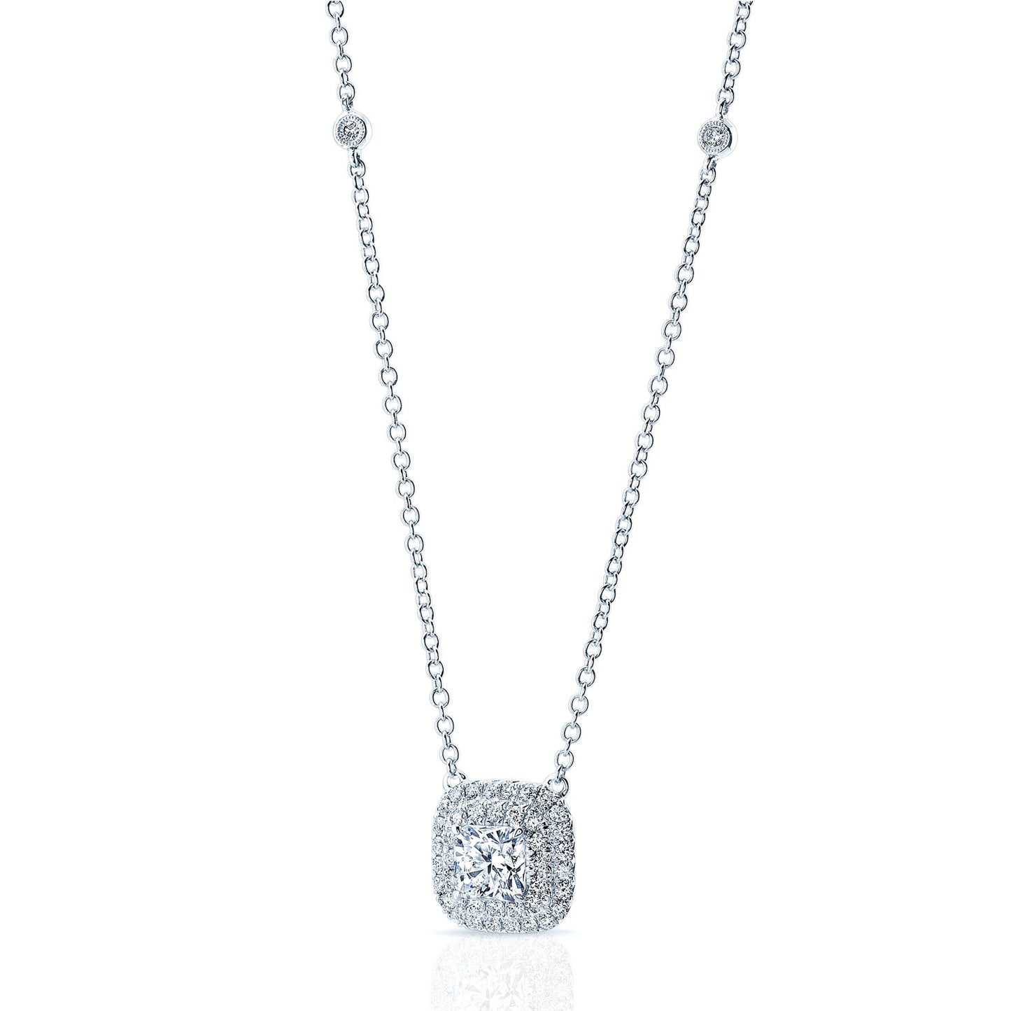 Diamond Double Entourage Cushion Cut Pendant In 18k White Gold (h&a)