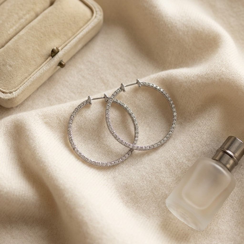 Diamond Hoop Earrings In 18k White Gold — textile flat lay