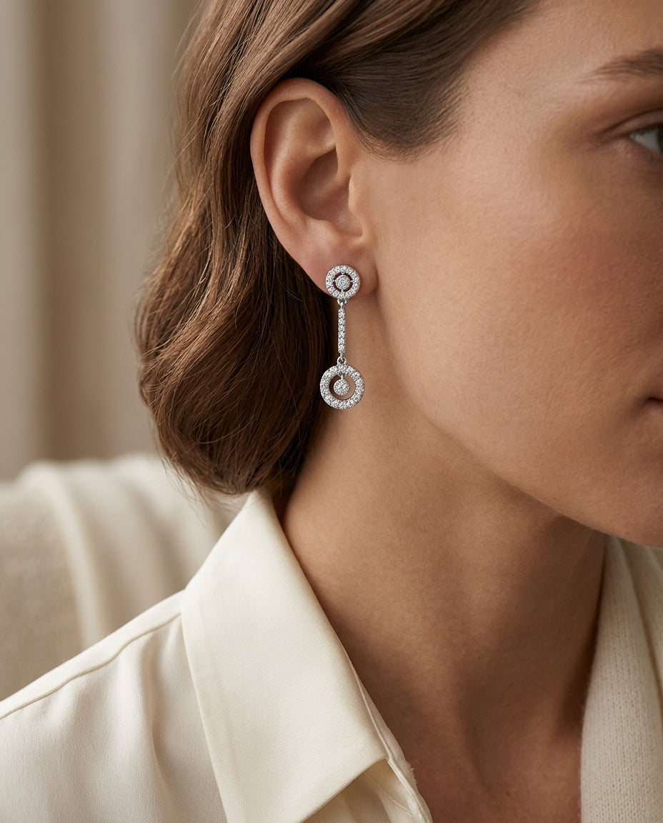 Diamond Double Dangle Bullseye Earrings In 18k White Gold — editorial close-up