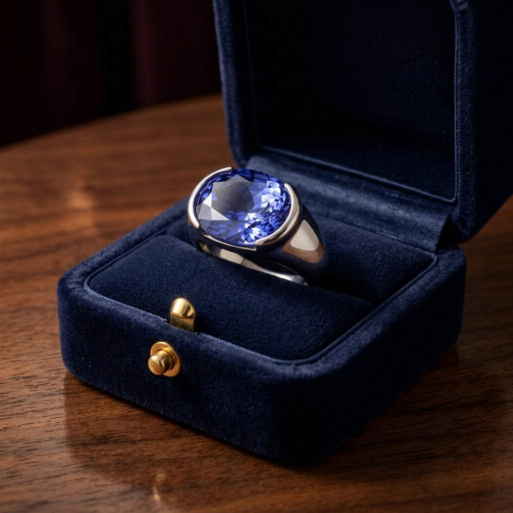 Tanzanite Oval Half-bezel Ring In 18k White Gold (14x10mm) — gift presentation