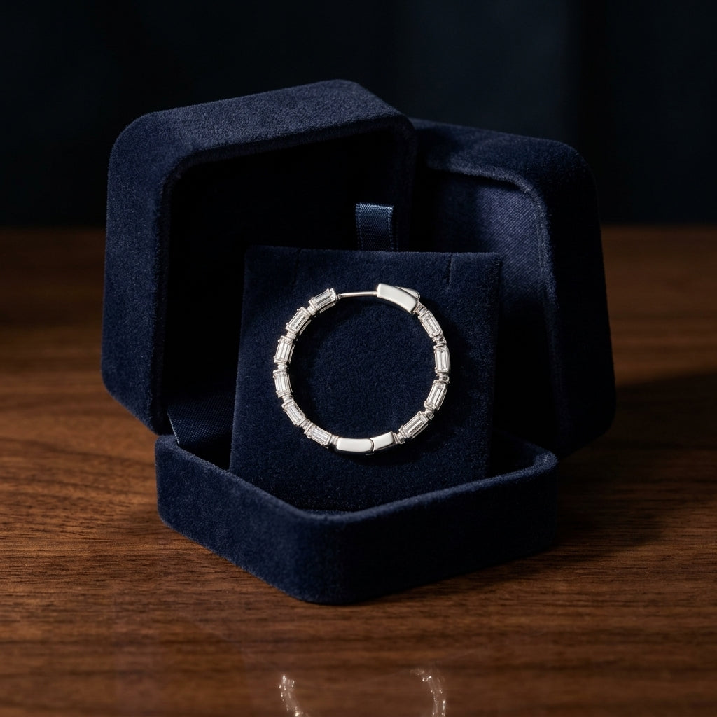Round and Baguette Diamond Inside Out Hoop Earrings in 18k White Gold 2-1/8ctw — gift presentation