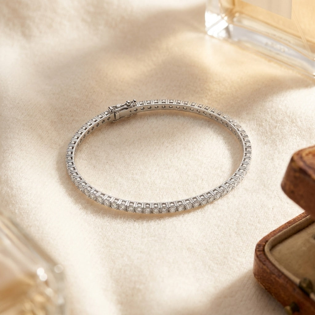 Diamond Slim Bangle Bracelet In 18k White Gold — textile flat lay