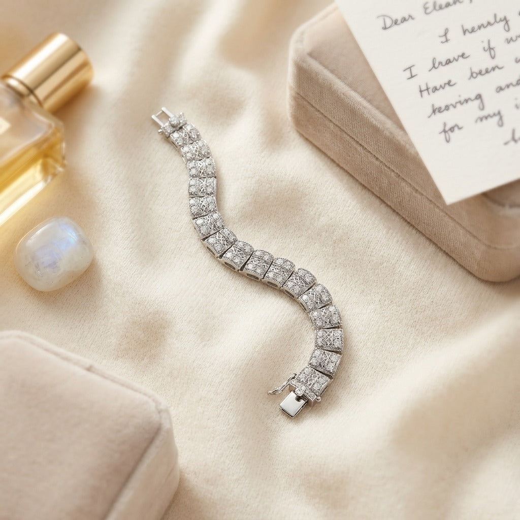 Multi Row Diamond Open Weave Millgrain Bracelet in 18k White Gold (5-1/2 Ct.tw.) — textile flat lay