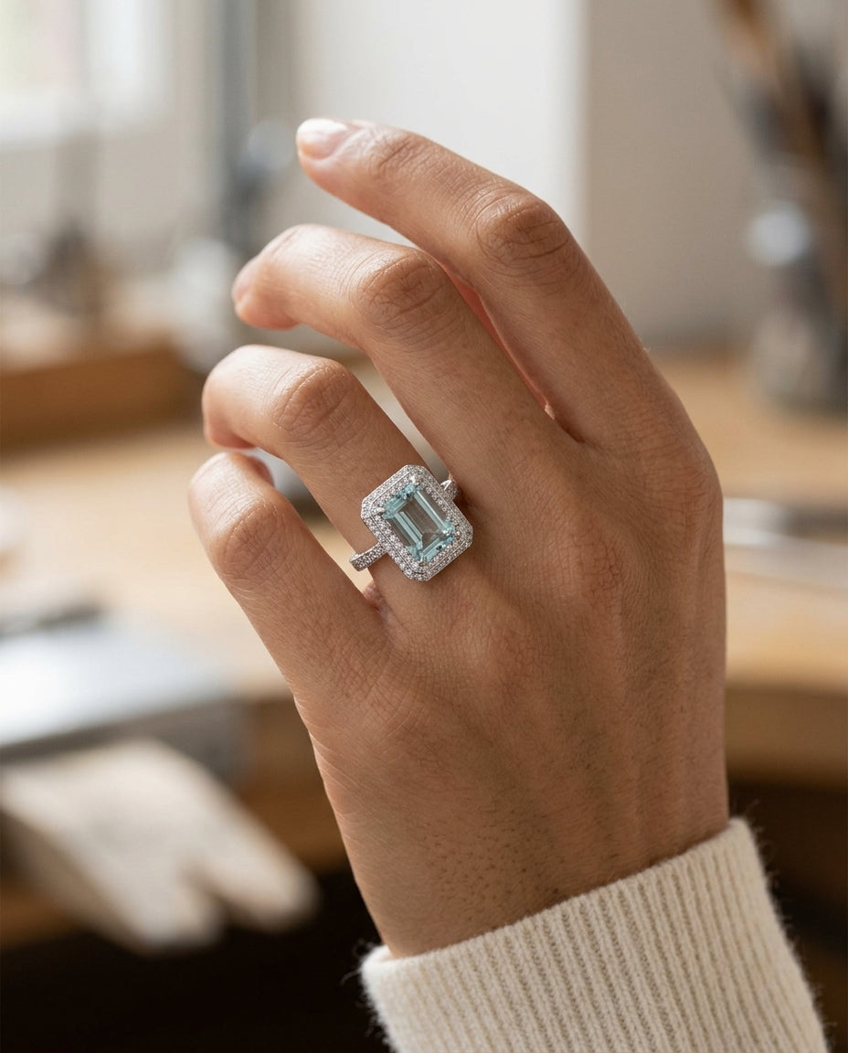Aquamarine And Diamond Ring In 18k White Gold — editorial close-up