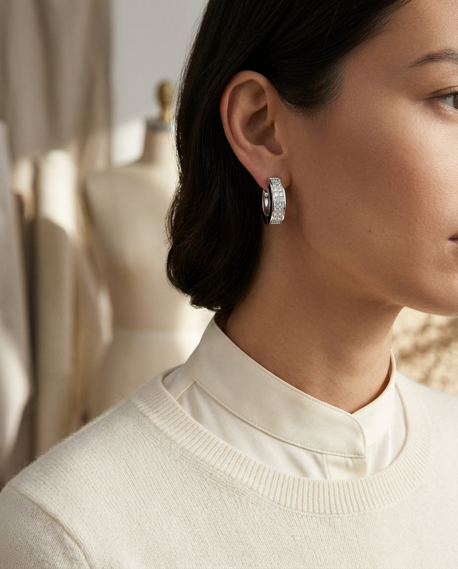 Diamond Invisible Set Huggie Earrings In 18k White Gold — editorial close-up