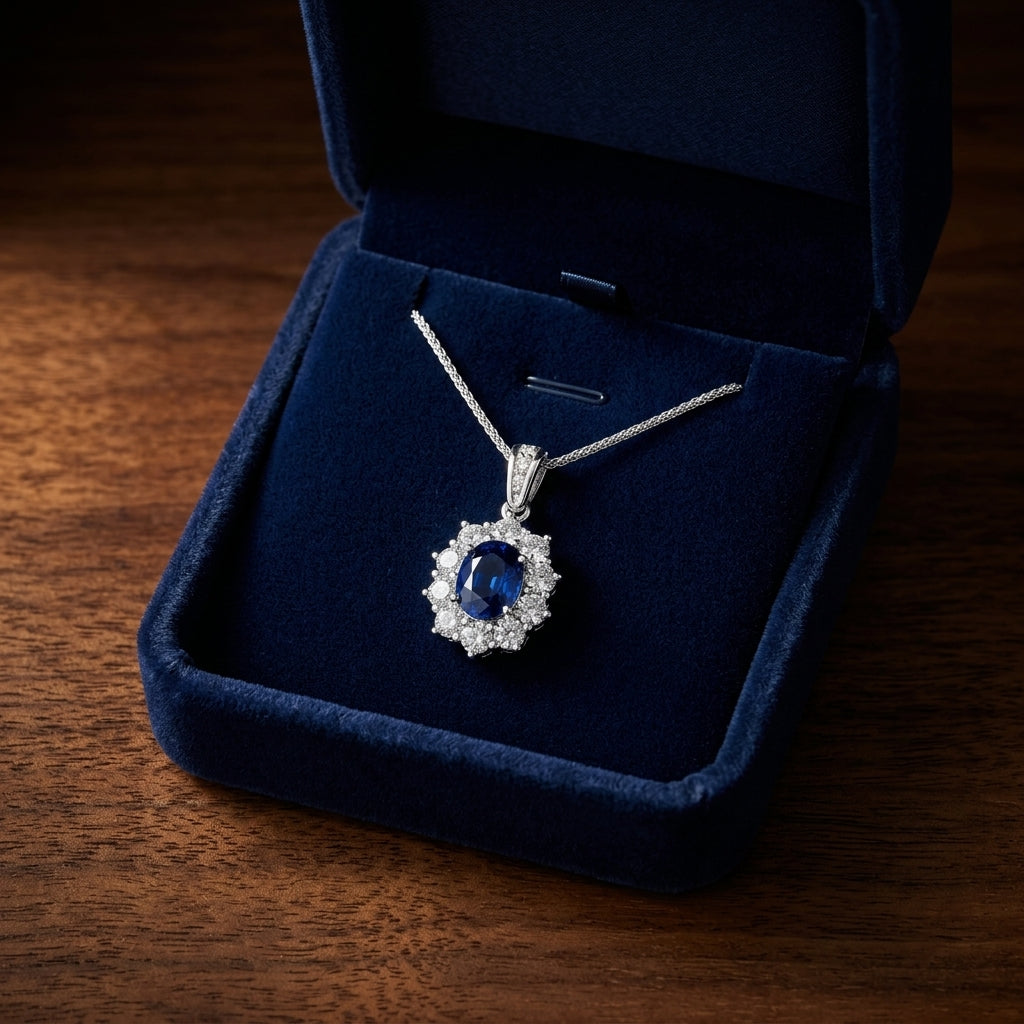 Sapphire And Diamond Pendant In 18k White Gold — gift presentation
