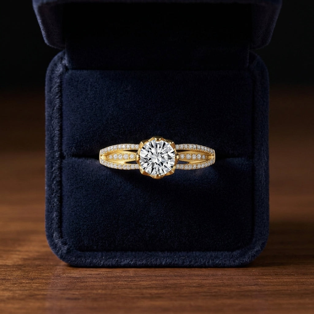 Diamond Lotus Head Split Shank Engagement Ring In 18k Yellow Gold — gift presentation