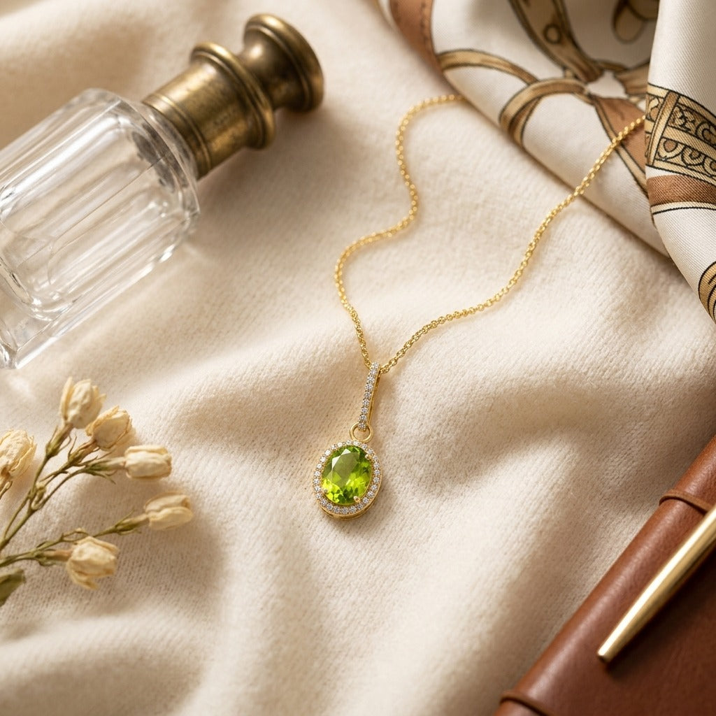 Peridot and Diamond Pendant in 18k Yellow Gold (1/6 Ct.tw.) — textile flat lay
