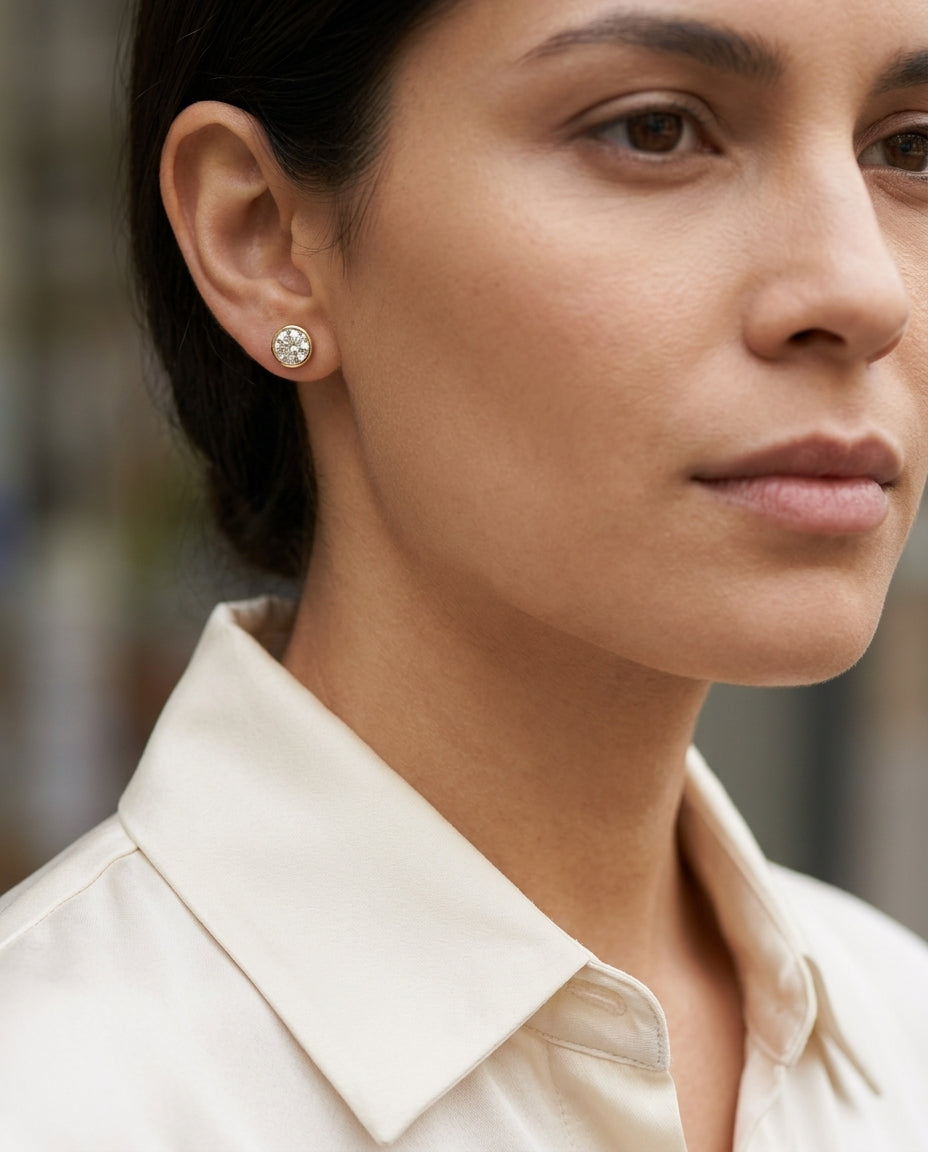 18k Yellow Gold Bezel Set Round Brilliant Diamond Stud Earrings (2.09 Ct. T.w., Si1-si2 Clarity, H-i Color) — editorial close-up