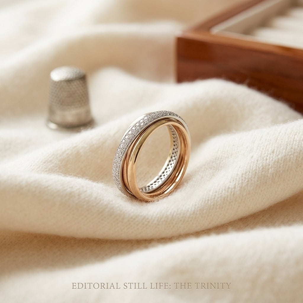 Round Pave Diamond Overlap Tri-band In 14k White, Yellow And Rose Gold — textile flat lay