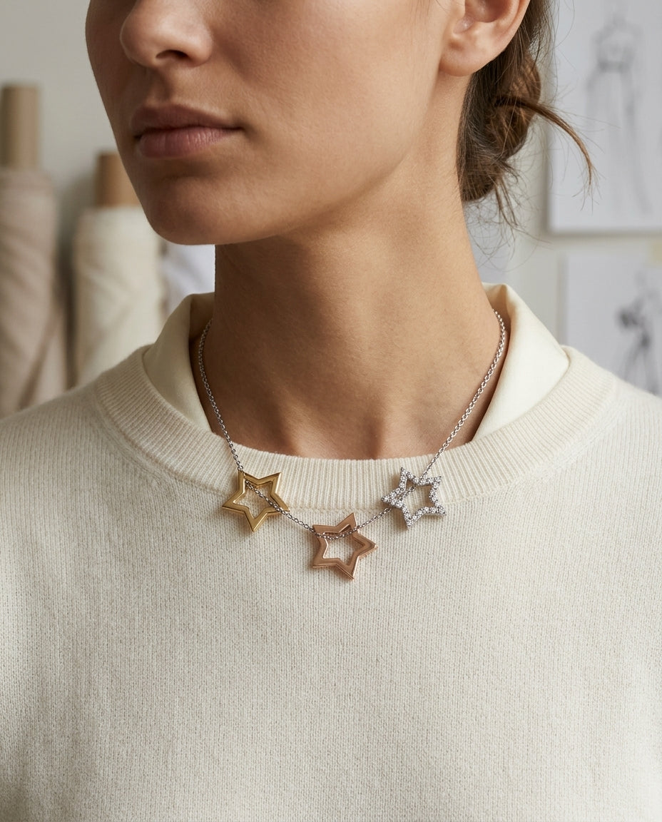 Diamond 3 Star Pendant In 14k Three Tone Gold (18-in Curb Chain) — editorial close-up