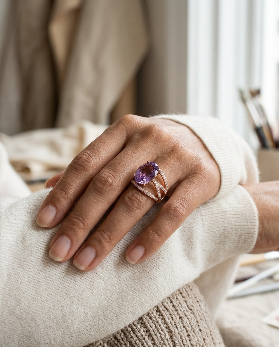 Oval Amethyst And Diamond Ring In 18k Rose Gold (13x9mm) — editorial close-up