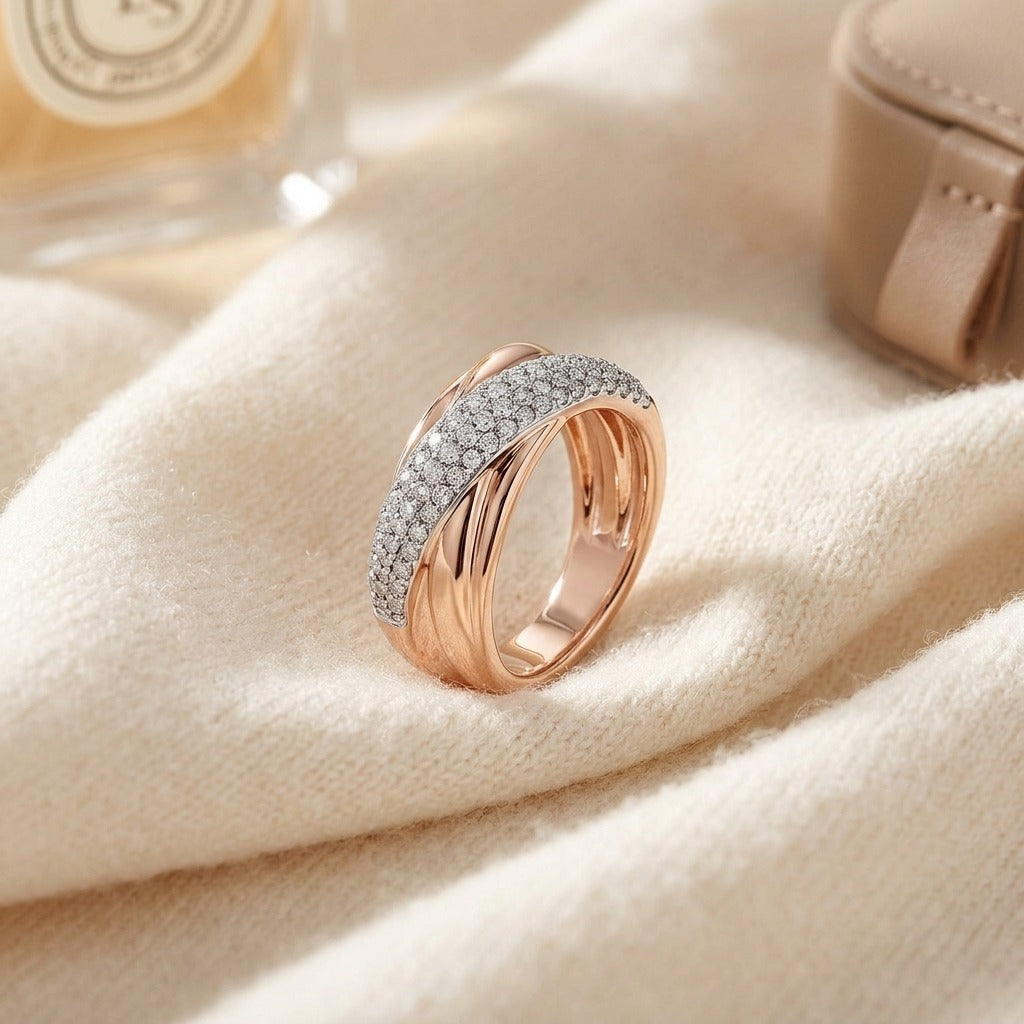 Diamond Pave High Polish Criss Cross Fashion Band in 14k Rose Gold — textile flat lay