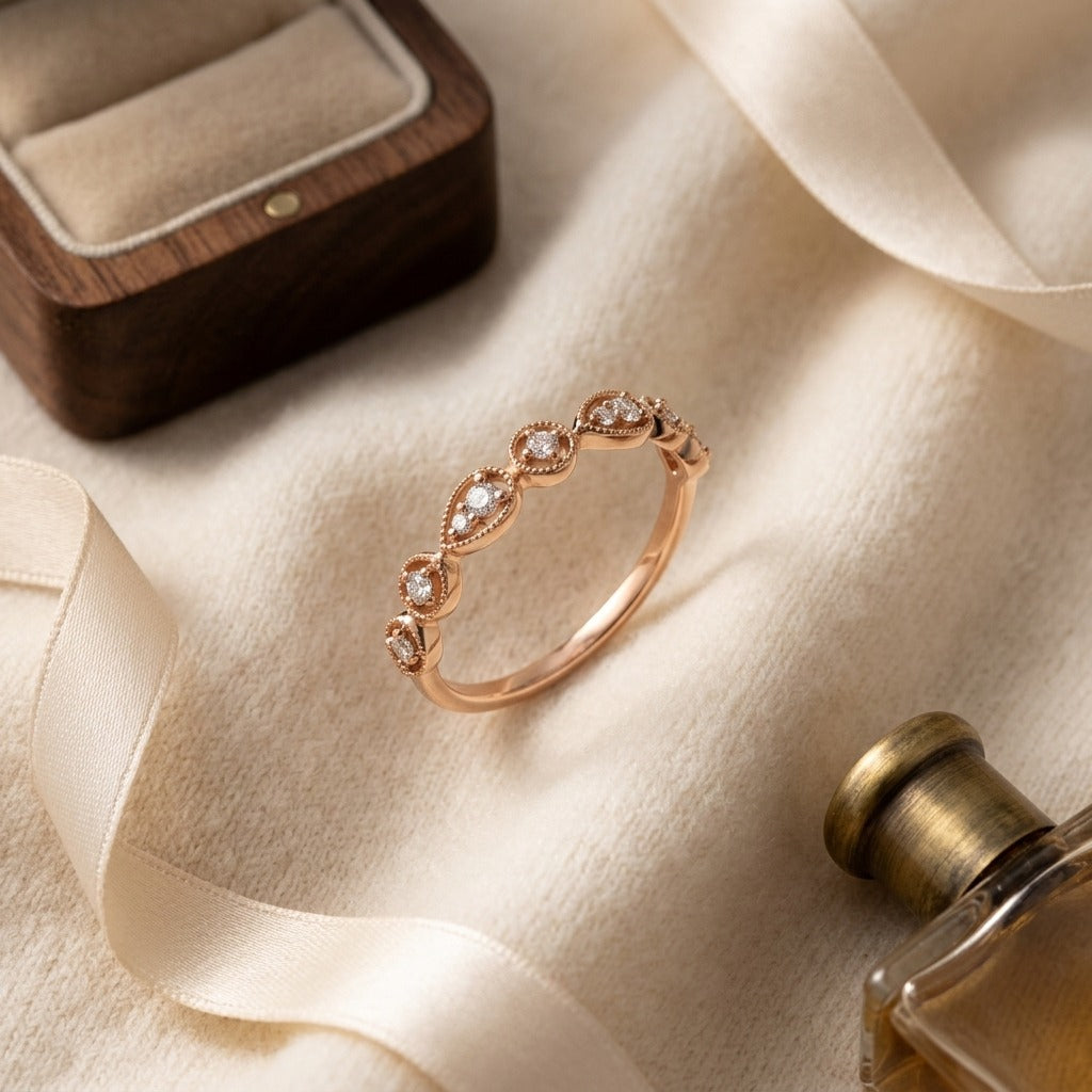 Diamond 1/10ctw Stackable Ring Set in 14k Rose Gold — textile flat lay