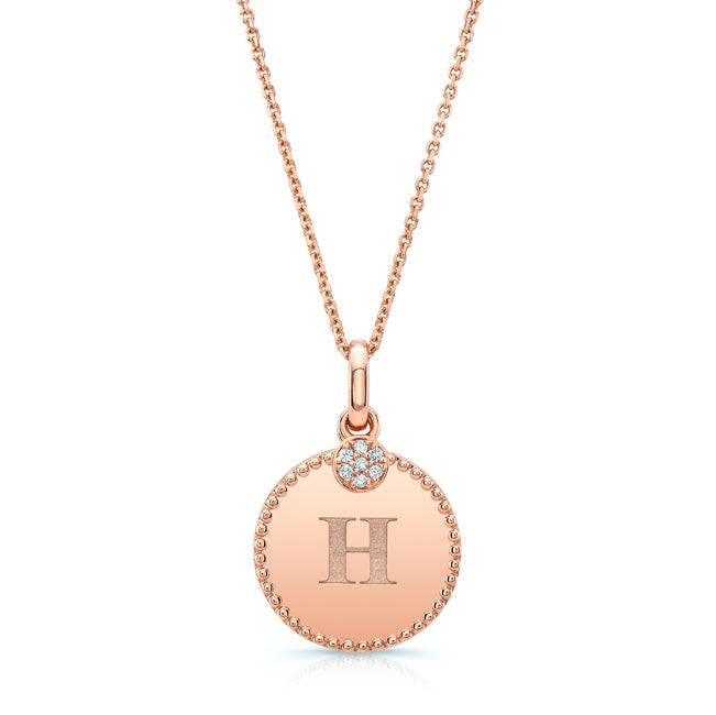 Diamond Initial "h" Disc Pendant In 14k Rose Gold (17-inch Curb Chain)