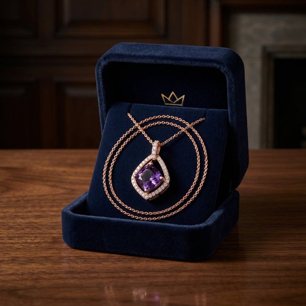 Amethyst And Diamond Cushion Center With Kite Frame Pendant In 14k Rose Gold — gift presentation
