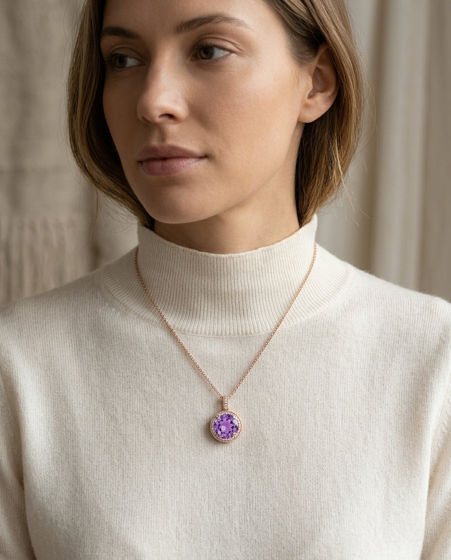 Amethyst And Diamond Round Halo Antique Finish Pendant In 14k Rose Gold ( Hi / Si ) — editorial close-up
