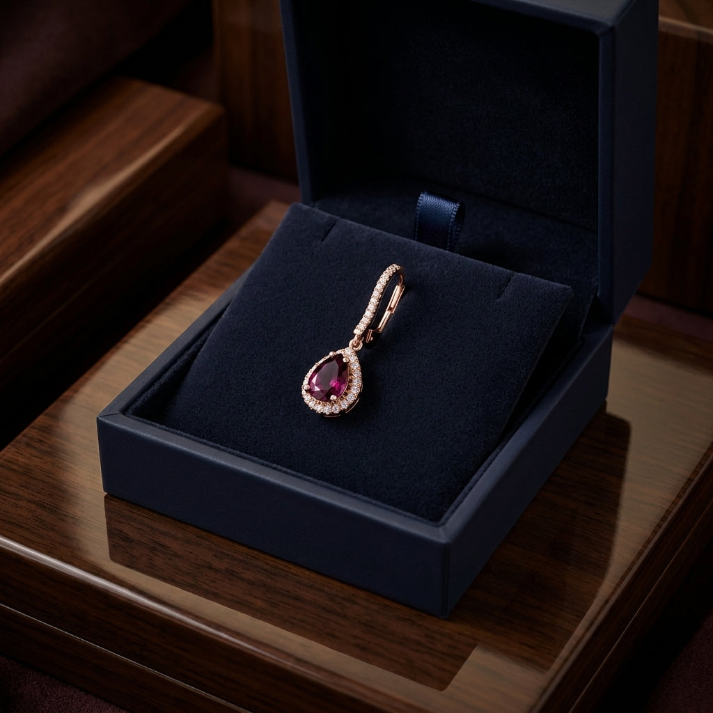 Rhodolite Garnet And Diamond Teardrop Halo Dangling Earrings In 14k Rose Gold — gift presentation