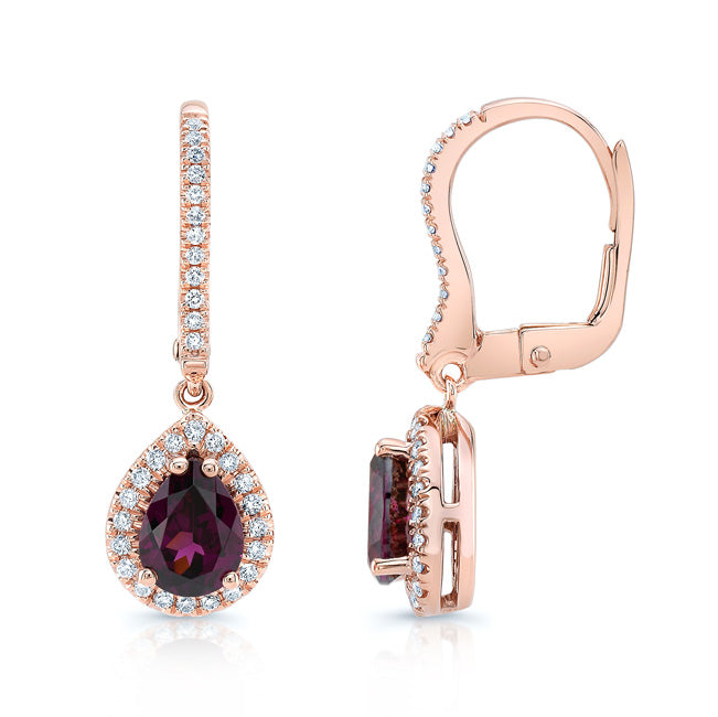 Rhodolite Garnet And Diamond Teardrop Halo Dangling Earrings In 14k Rose Gold