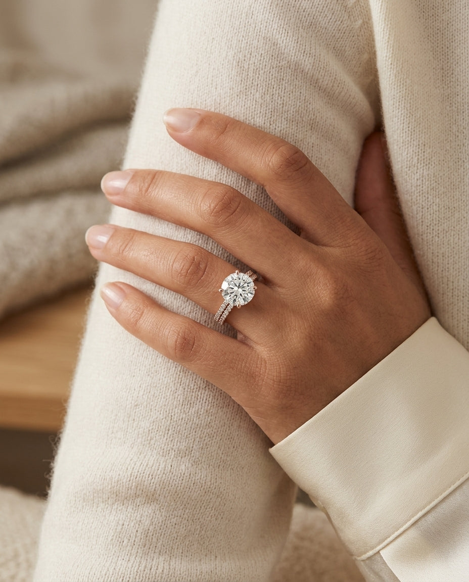 1 1/5ctw Round Diamond 2 Row Engagement Ring With Double Prong Cathedral Setting In 14k Rose Gold, Igi-certified — editorial close-up