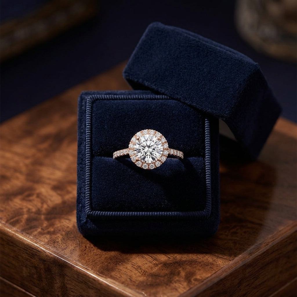 1 3/8ctw Round Diamond Halo Engagement Ring With Petite Pave Shank In 14k Rose Gold, Igi-certified — gift presentation