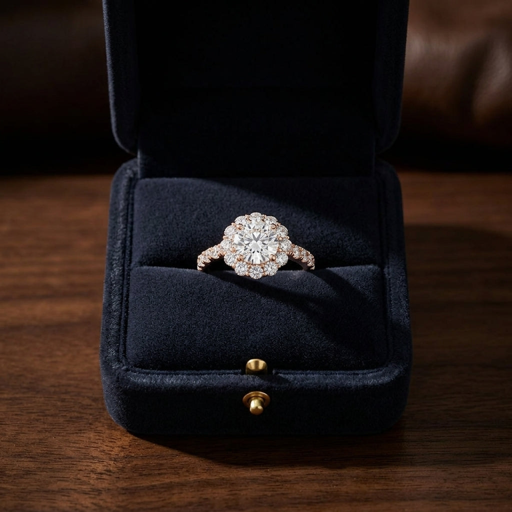 2 1/16ctw Round Diamond Halo Engagement Ring With Pave Shank In 14k Rose Gold, Igi-certified — gift presentation