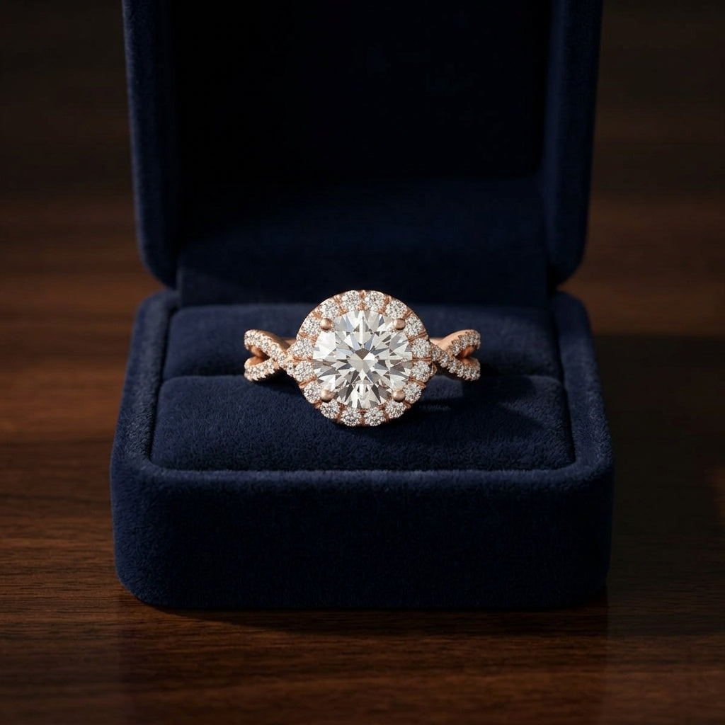 1 1/2ctw Round Diamond Halo Engagement Ring With Infinity Shank In 14k Rose Gold, Igi-certified — gift presentation