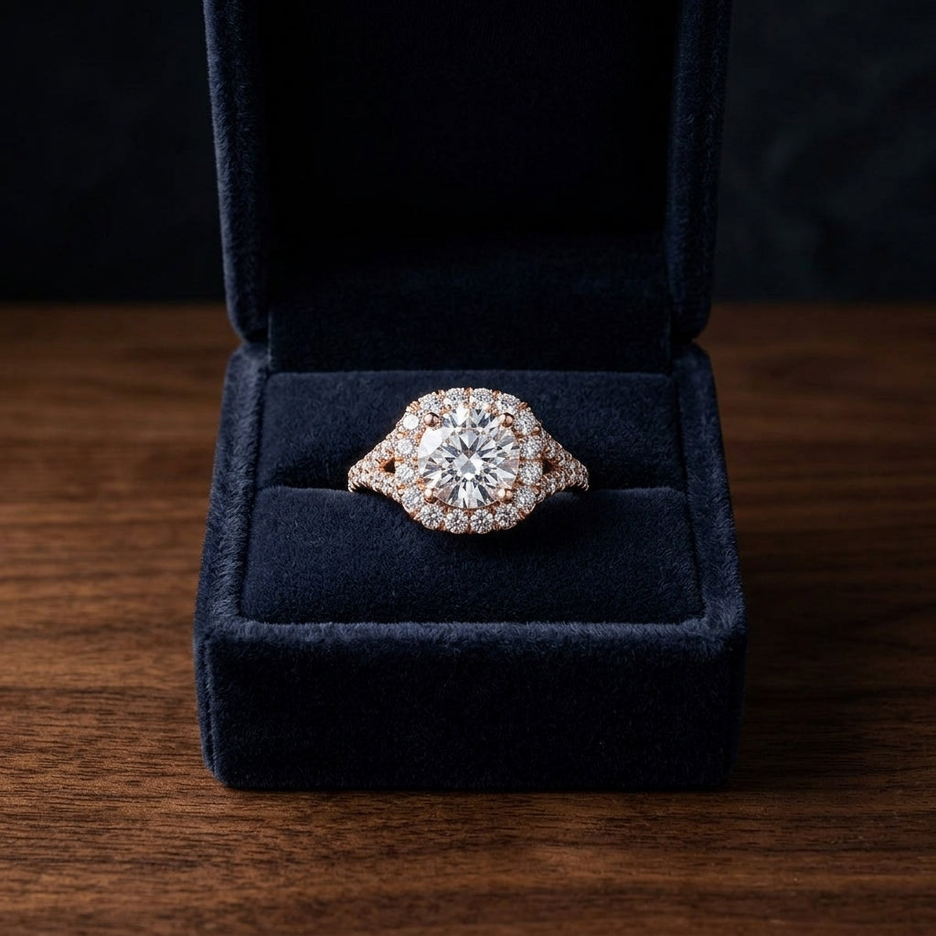 1 1/2ctw Round Diamond Square Halo Engagement With Pave Split Shank In 14k Rose Gold, Igi-certified — gift presentation