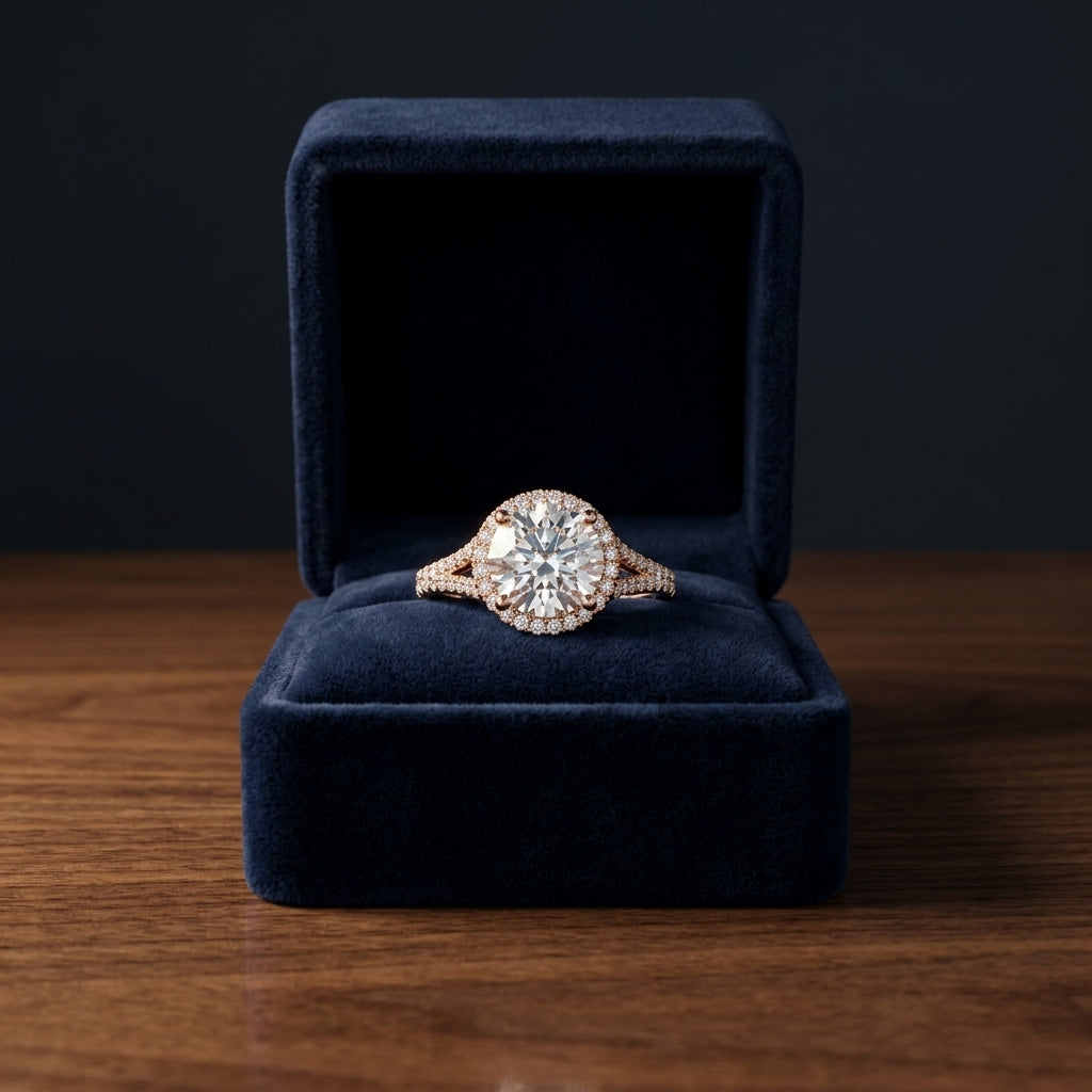 1 1/4ctw Round Diamond Halo Engagement Ring With Scroll Gallery In 14k Rose Gold, Igi-certified — gift presentation