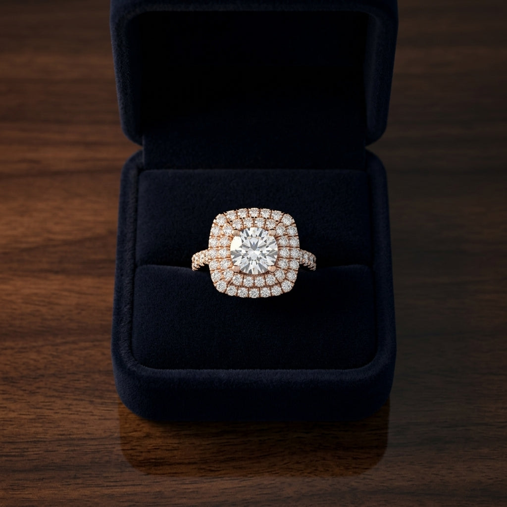 3 1/6ctw Round Diamond, Double Square Halo Engagement Ring With Pave Shank In 14k Rose Gold, Igi-certified — gift presentation
