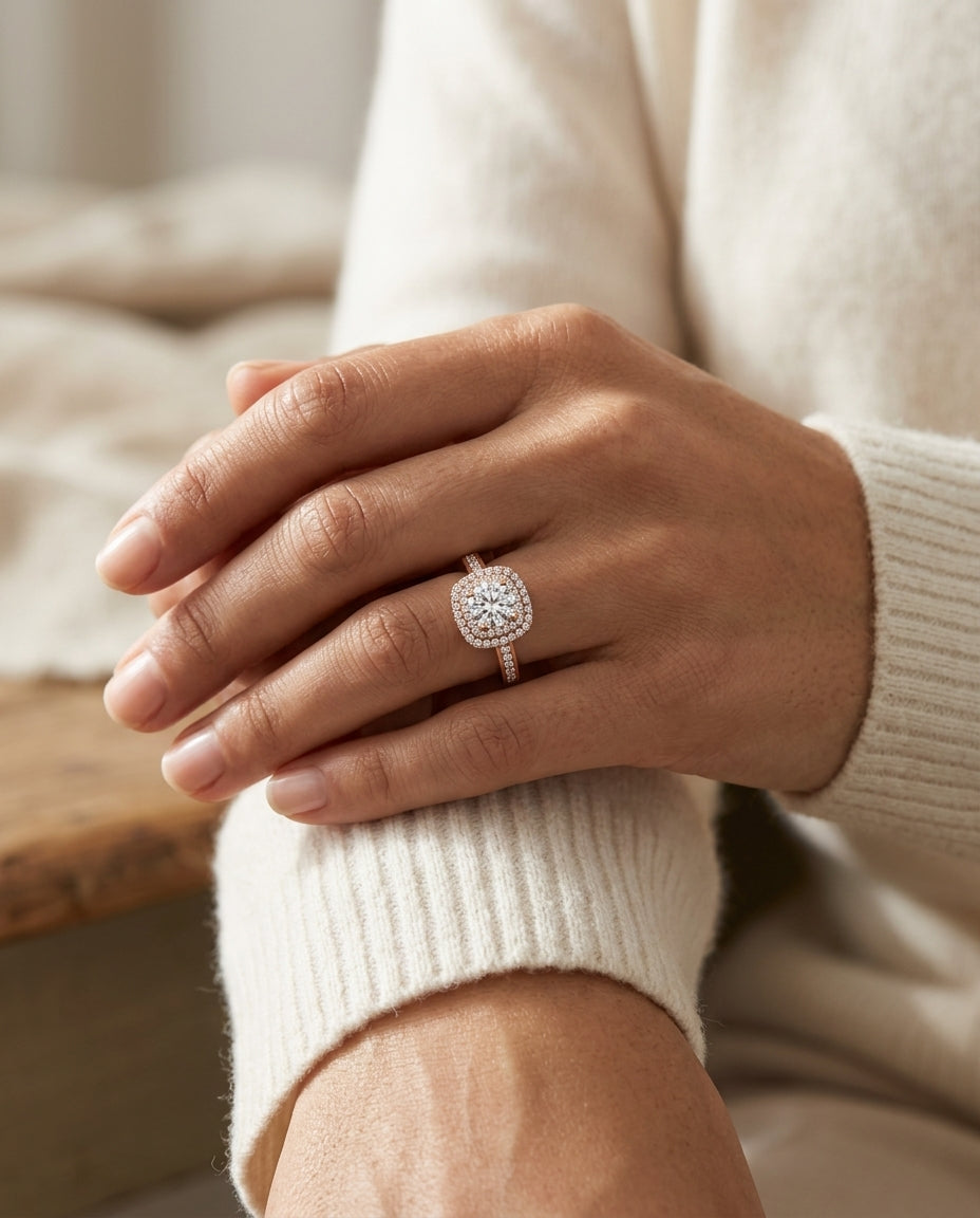 1 2/3ctw Round Diamond Double Square Halo Engagement Ring With Channel Set Shank In 14k Rose Gold, Igi-certified — editorial close-up