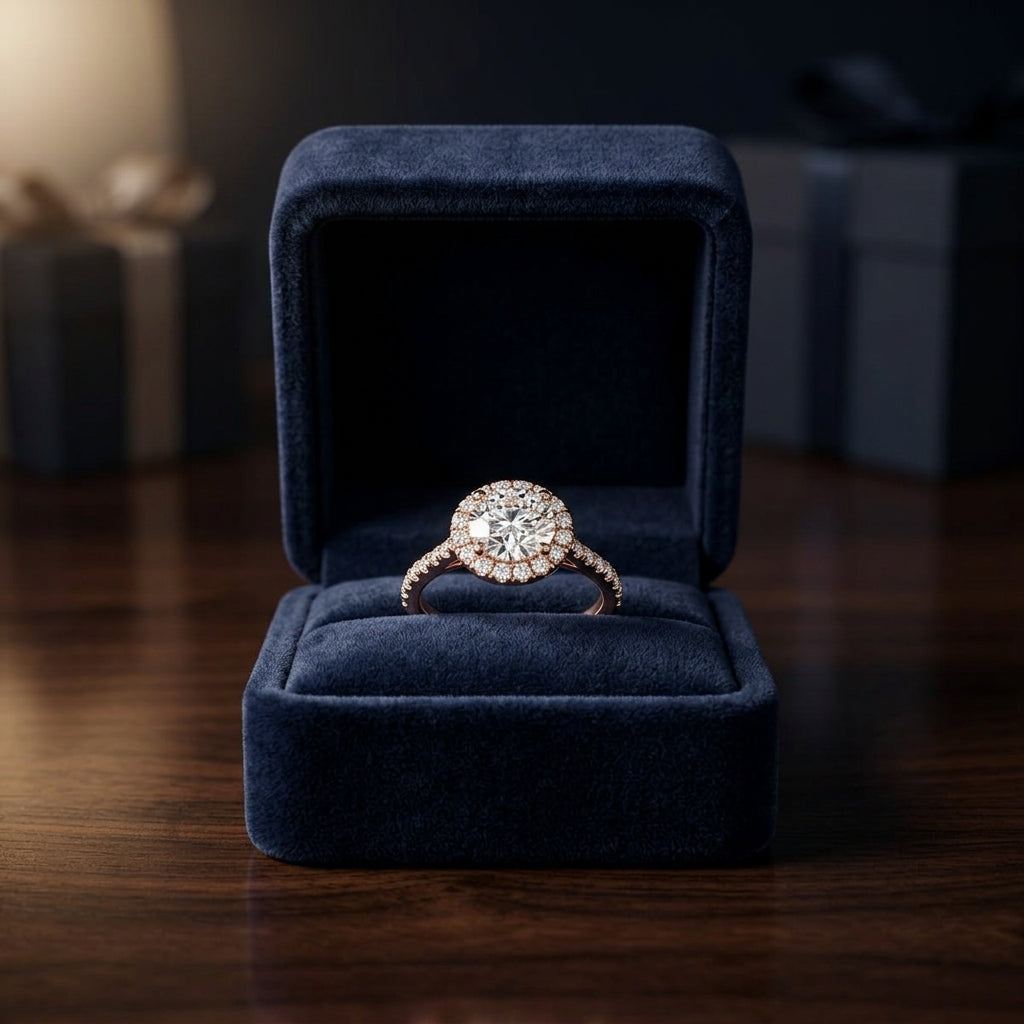 1 3/8ctw Round Diamond Halo Engagement Ring With Pave Shank In 14k Rose Gold, Igi-certified — gift presentation