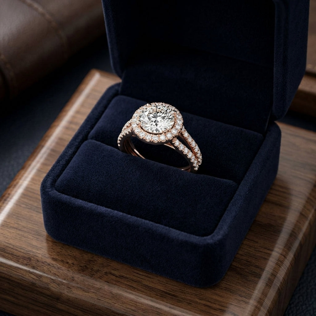 1 7/8ctw Round Diamond Halo Engagement Ring With A Split Shank In 14k Rose Gold, Igi-certified — gift presentation