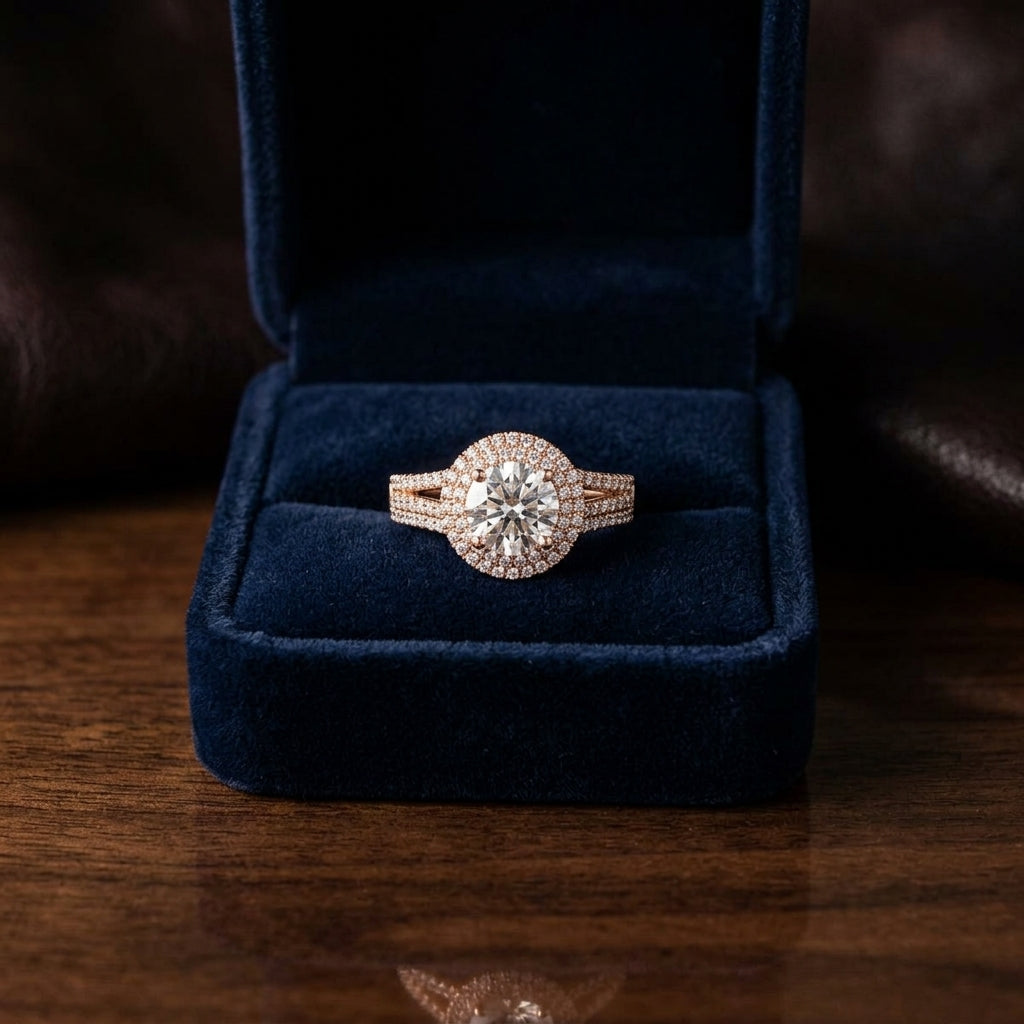1 9/10ctw Round Diamond Double Halo Engagement Ring With Split Pave Shank In 14k Rose Gold, Igi-certified — gift presentation