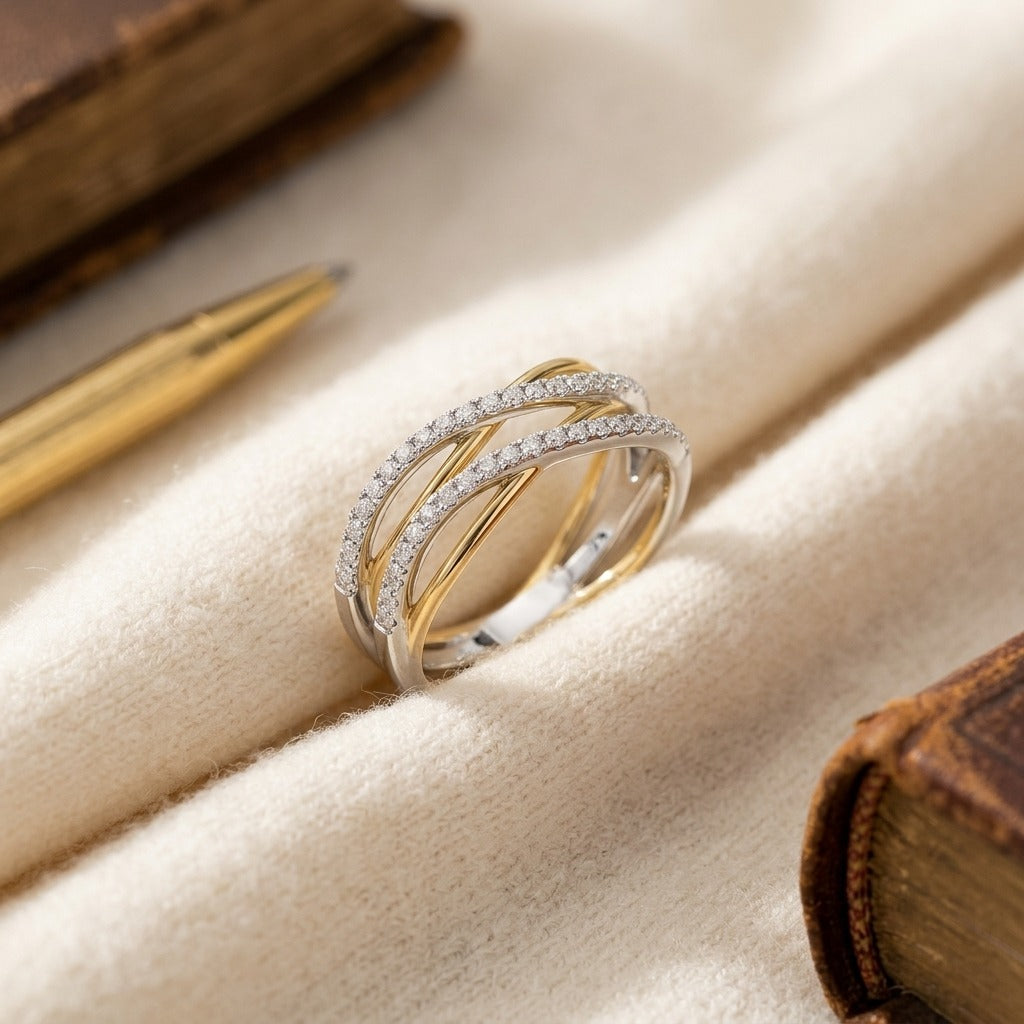 Diamond Double Wave Ring In 14k Two Tone Gold 1/6 ctw — textile flat lay