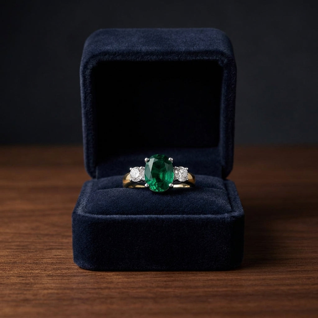Created Emerald And Diamond Oval 3 Stone Ring In 14k Two Tone Gold — gift presentation